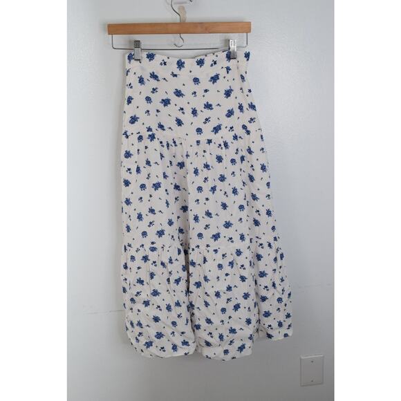 Sezane Dresses & Skirts - Sezane Tammie Skirt Womens 36 White Blue Floral Midi Boho Peasant Tiered